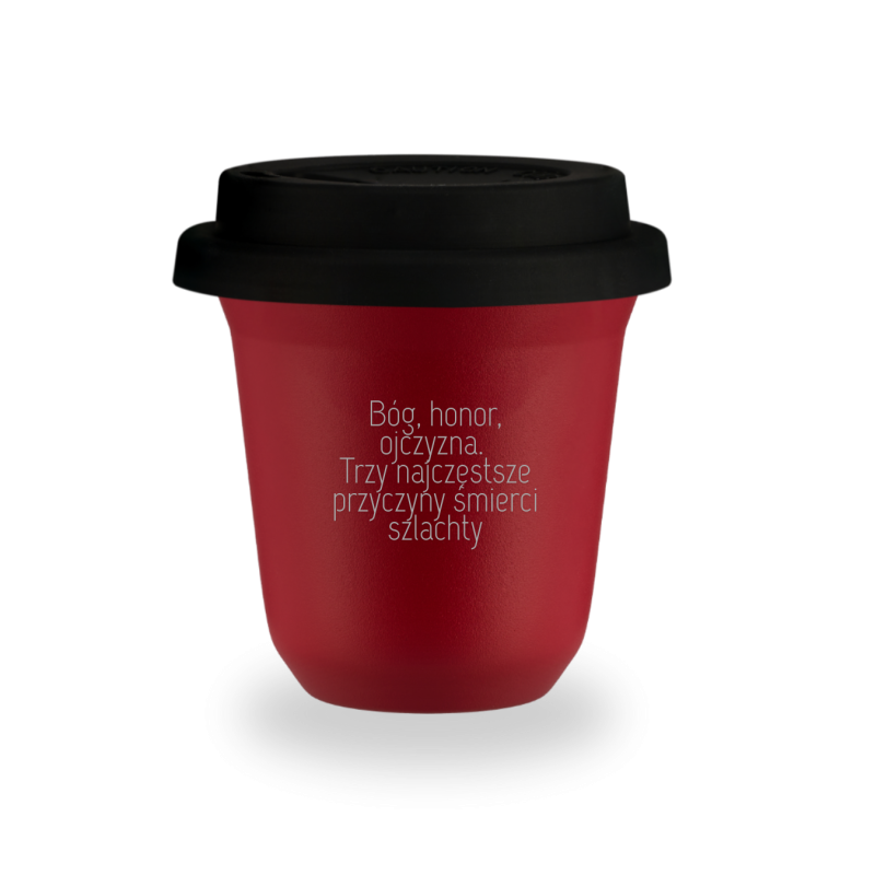 Kubek 150 ml CZERWONY "Bóg, Honor, Ojczyzna. Trzy najczęstsze przyczyny śmierci szlachty", z pokrywką czarną